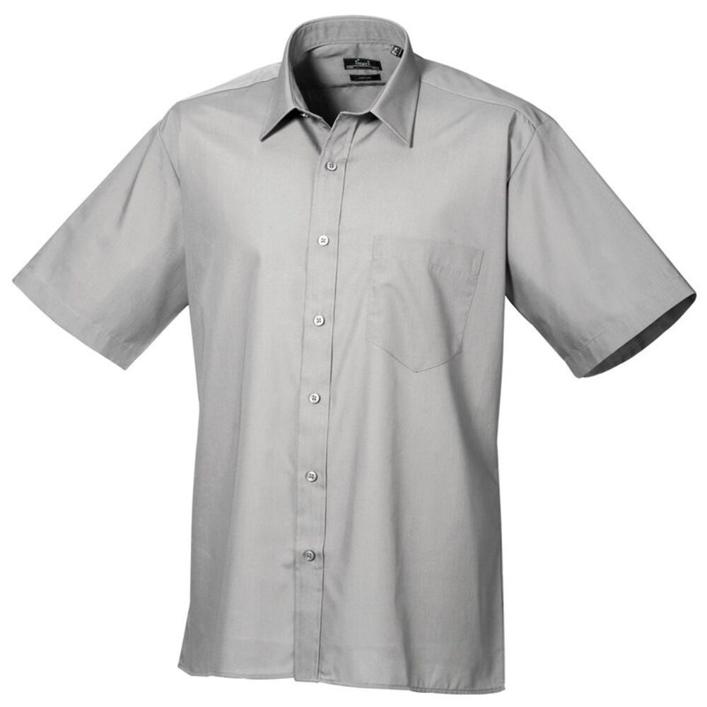 Premier Mens Short Sleeve Formal Poplin Plain Work Shirt / Silver